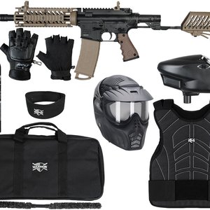 Tippmann TMC w/ Air-Thru Adjustable Stock Level 3 Protector Paintball Gun Package Kit - Black/Tan